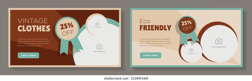 Vintage clothing store online banner template set, second hand clothes advertisement, horizontal ad, retro fashion campaign webpage, flyer, creative brochure, isolated on background.