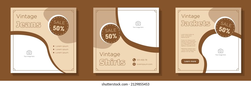 Vintage clothing store social media post, banner set, second hand clothing merchandise advertisement concept, jeans, shirts, save the earth marketing square ad, abstract print, isolated on background