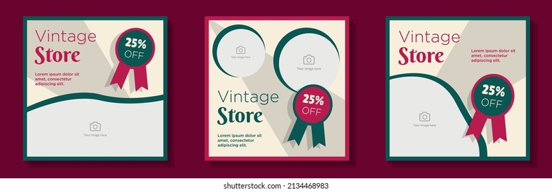 Vintage clothing store social media post, banner set, old school retro fashion advertisement concept, boutique shop marketing square ad, abstract print, isolated on background.
