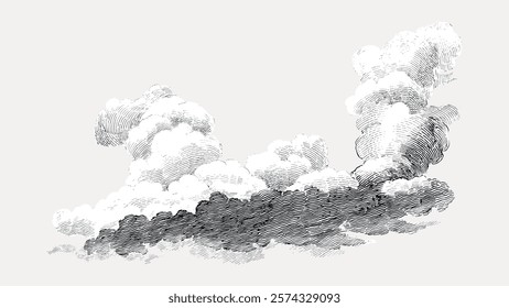 Vintage cloud illustration with fluffy clouds, detailed cloud sketch, artistic drawing. Black and white, classic cloud art, retro cloud depiction.