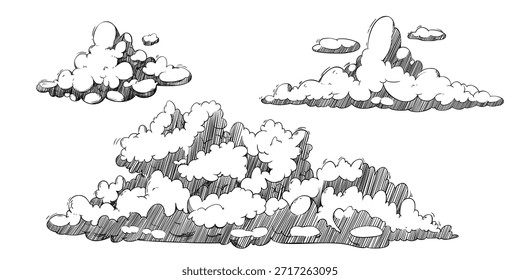 Conjunto de bocetos de la nube de Antiguas en estilo de línea dibujada a mano: formaciones celestes esponjosas con textura de sombreado de rayas cruzadas y estética de grabado retro. Ilustraciones vectoriales para fondos gráficos de Clima.