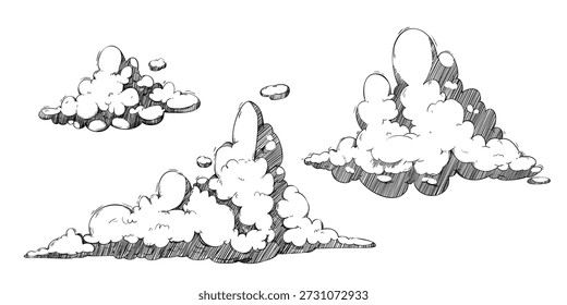 Conjunto de bocetos de la nube de Antiguas en estilo de línea dibujada a mano: formaciones celestes esponjosas con textura de sombreado de rayas cruzadas y estética de grabado retro. Ilustraciones vectoriales para fondos gráficos de Clima.