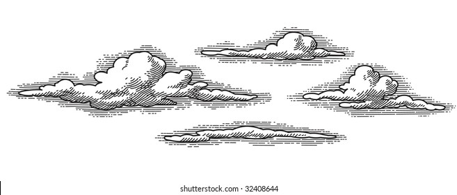 Vintage clouds patterns, vector illustration. Hand drawn engraved style card background. Handmade element for your design.