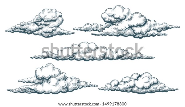 Vintage Cloudscape Clouds Sketch Illustrated Drawing Stock Vector ...