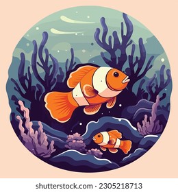 vintage clown fish in under water sea ocean anemone coral scene view logo vector illustration