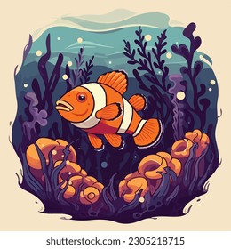 vintage clown fish in under water sea ocean anemone coral scene view logo vector illustration