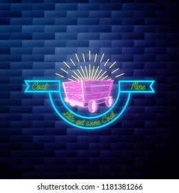 Vintage coal mining emblem glowing neon sign on brick wall background