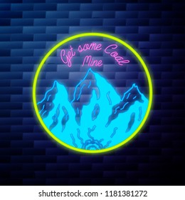Vintage coal mining emblem glowing neon sign on brick wall background