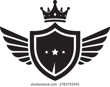Vintage coat of arms element featuring a protective shield and crown. Majestic wing details and stars for prestige branding or luxury labels. Classic black vector silhouette for secure identity.