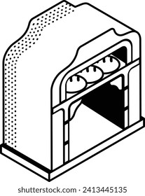 Vintage Cobb oven Baking Bread isometric concept, woodfired, coalfired ovens Hand drawn vector, Bakery and Baker drawings food preparation and Kitchen Utensil Sketch Culinary Doodle stock illustration