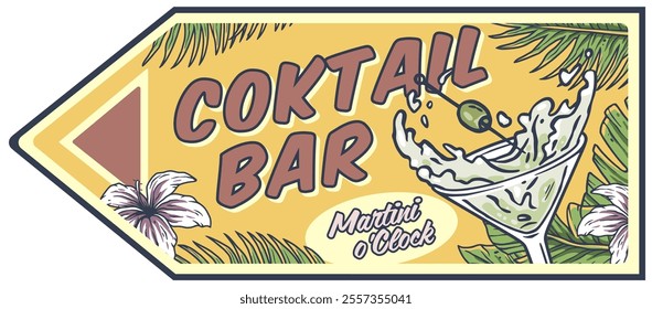 Vintage cocktail bar sign features an overflowing martini glass with an olive, set against a backdrop of tropical flowers and leaves, inviting patrons to enjoy a refreshing drink