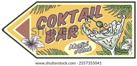 Vintage cocktail bar sign features an overflowing martini glass with an olive, set against a backdrop of tropical flowers and leaves, inviting patrons to enjoy a refreshing drink