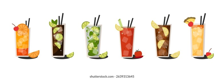 Vintage cocktail collection. Summer drinks with citrus, mint, and ice. Hand drawn beverage illustrations ideal for posters, packaging, or social media graphics
