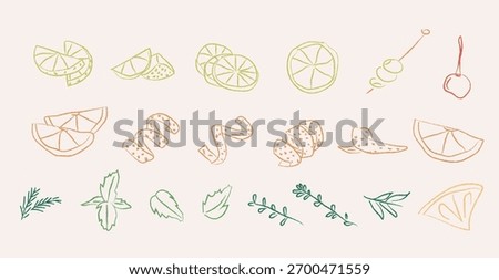 Vintage cocktail garnish elements set in whimsical doodle style. Hand drawn citrus slices, zest, cherry, olive, mint, and herbs for mixology recipe, bar decor, menu design, or kitchen illustration.