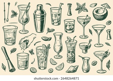 Vintage cocktail illustration collection assorted alcoholic drinks and barware tools seamless