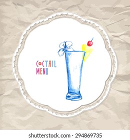 Vintage cocktail illustration, hand drawn by pencil.Lace napkin paper background. Vector illustration.