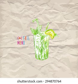 Vintage cocktail illustration, hand drawn by pencil.Old paper background. Vector illustration.