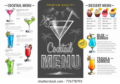 Vintage cocktail menu design. Beverages menu