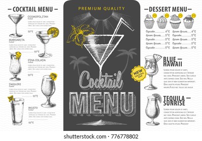 Vintage cocktail menu design. Beverages menu