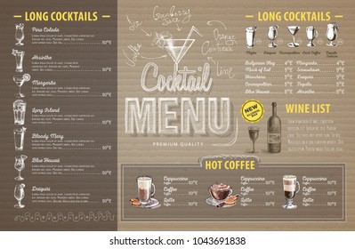 Vintage cocktail menu design on cardboard. Restaurant menu