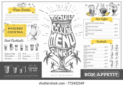 Vintage  cocktail menu design. Restaurant menu