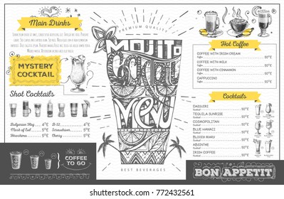Vintage  cocktail menu design. Restaurant menu