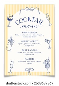 Vintage cocktail menu with pencil drawn glasses. Elegant blue pen drawing of alcoholic beverages. Mediterranean restaurant bar drink selection card. Table card for Italian wedding. Vector illustration