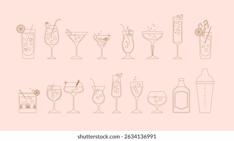 Vintage cocktail party icon set in linear style, featuring martini, wine, champagne, shaker and bar drinks. Elegant line art vector illustration for bar menu and wedding invitations 