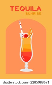 Vintage cocktail tequila sunrise with decor elements vector on color background