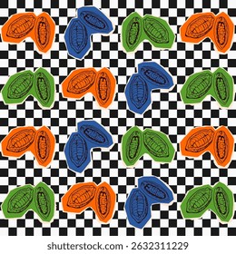 Vintage Cocoa beans Checkered Pattern Retro Aesthetic Seamless Design Digital Paper Repeat Pattern. Cocoa bean design template. collage style illustration. Chocolate cocoa beans. Vector illustration