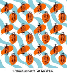 Vintage Cocoa beans wavy Pattern Retro Aesthetic Seamless Design Digital Paper Repeat Pattern. Cacao beans wallpaper for chocolate packaging design, cocoa powder label, organic cacao butter backdrop. 