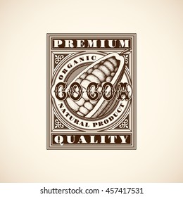 Vintage Cocoa Label Template Design With Ink Hand Drawn Sketch Of Cocoa Fruit. Vector Illustration.