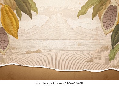 Vintage cocoa tree and nature field in engraving style, torn paper texture