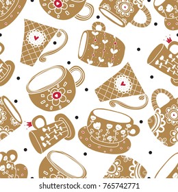 Vintage coffe porcelain. Gold seamless pattern. Seamless pattern can be used for wallpaper, pattern fills, web page background, surface textures.