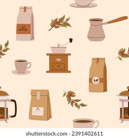 Accesorios de café vintage sin fisuras. Ilustración vectorial dibujada a mano. Perfecto para envolver papel, embalaje, textil, café