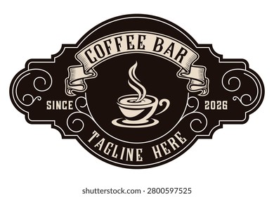 Vintage Coffee Bar Logo Emblem with Hot Coffee Cup and Elegant Flourish Frame