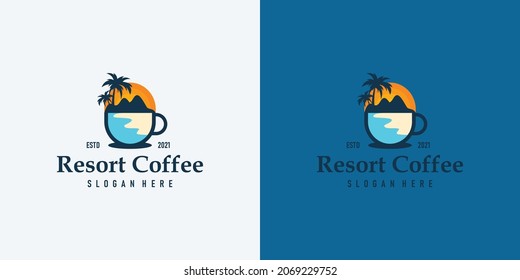 Vintage Coffee Beach logo, coffee cup with beach island logo icon illustration