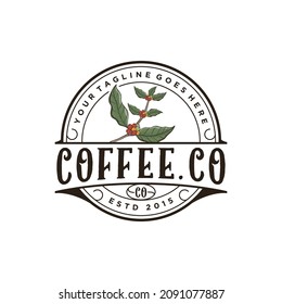 Vintage coffee bean logo with badge, emblem coffee leaf vector design template