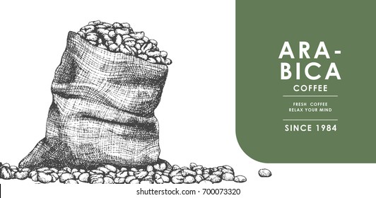 Vintage Coffee Bean And Sackcloth For Banner And Advertising By Cross Hatching , Contour Hatching Pen Ink Sketch Drawing  Technique.Use By Tecnicial Pen.Vector And Illustration.