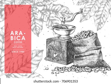 Bodega vintage en taparrabos y triturador de café con la etiqueta roja mediante la técnica de dibujo de boceto con tinta de pluma.Vector e ilustración.