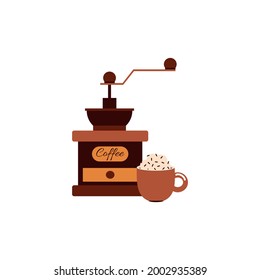 Vintage coffee beans grinder and cup of hot drink cartoon vector illustration isolated on white background. Design for coffee shop and restaurant menu cards.