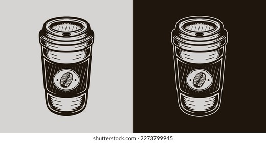 Vintage coffee brew element. Coffee cup take away. Can be used like emblem, logo, badge, label or mark. Also can be used like poster or print. Monochrome Graphic Art. Vector Illustration.
