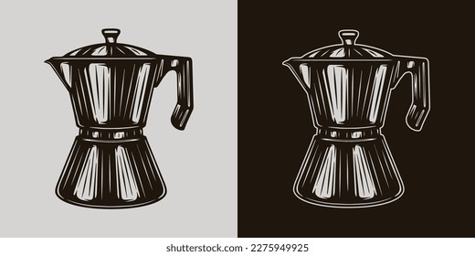 Vintage coffee brew element. Coffee brew pot. Can be used like emblem, logo, badge, label or mark. Also can be used like poster or print. Monochrome Graphic Art.	