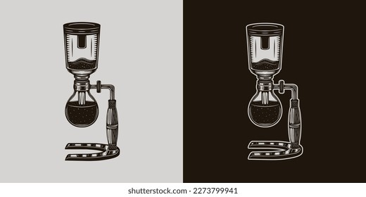 Vintage coffee brew element. Syphon coffee maker. Can be used like emblem, logo, badge, label or mark. Also can be used like poster or print. Monochrome Graphic Art. Vector Illustration.
