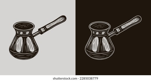 Vintage coffee brew element. Coffee brew turk pot. Can be used like emblem, logo, badge, label or mark. Also can be used like poster or print. Monochrome Graphic Art	