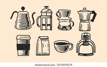 Vintage coffee brewing illustration collection featuring hand-drawn coffee makers, cups, and accessories for cafe or kitchen decor,