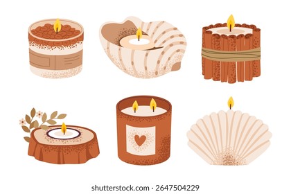Café vintage e velas de canela em castiçais acolhedores e uma concha. Boho estilo de vela acolhedor. Ilustração de vetor plano.