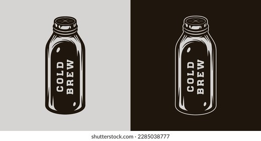 Vintage coffee cold brew element. Coffee bottle take away. Can be used like emblem, logo, badge, label or mark. Also can be used like poster or print. Monochrome Graphic Art.

