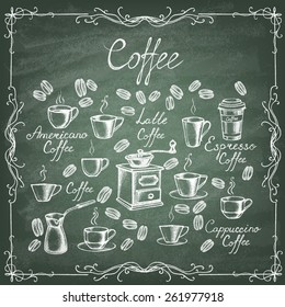 Vintage coffee collection. Sketches of hand-drawn coffee with chalks on the green blackboard. Vector illustration.