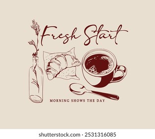 vintage coffee with croissant hand drawn vector, French morning breakfast vector art, retro vintage coffee artwork for t shirt, poster, embroidery 